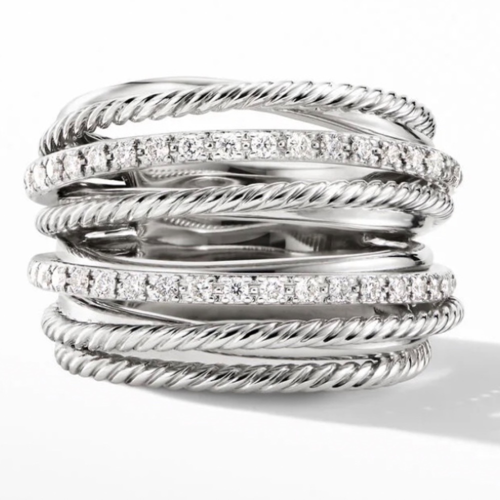 DAVID YURMAN 2-Rows Pavé Diamonds Sterling Silver Crossover Ring Size 5.5